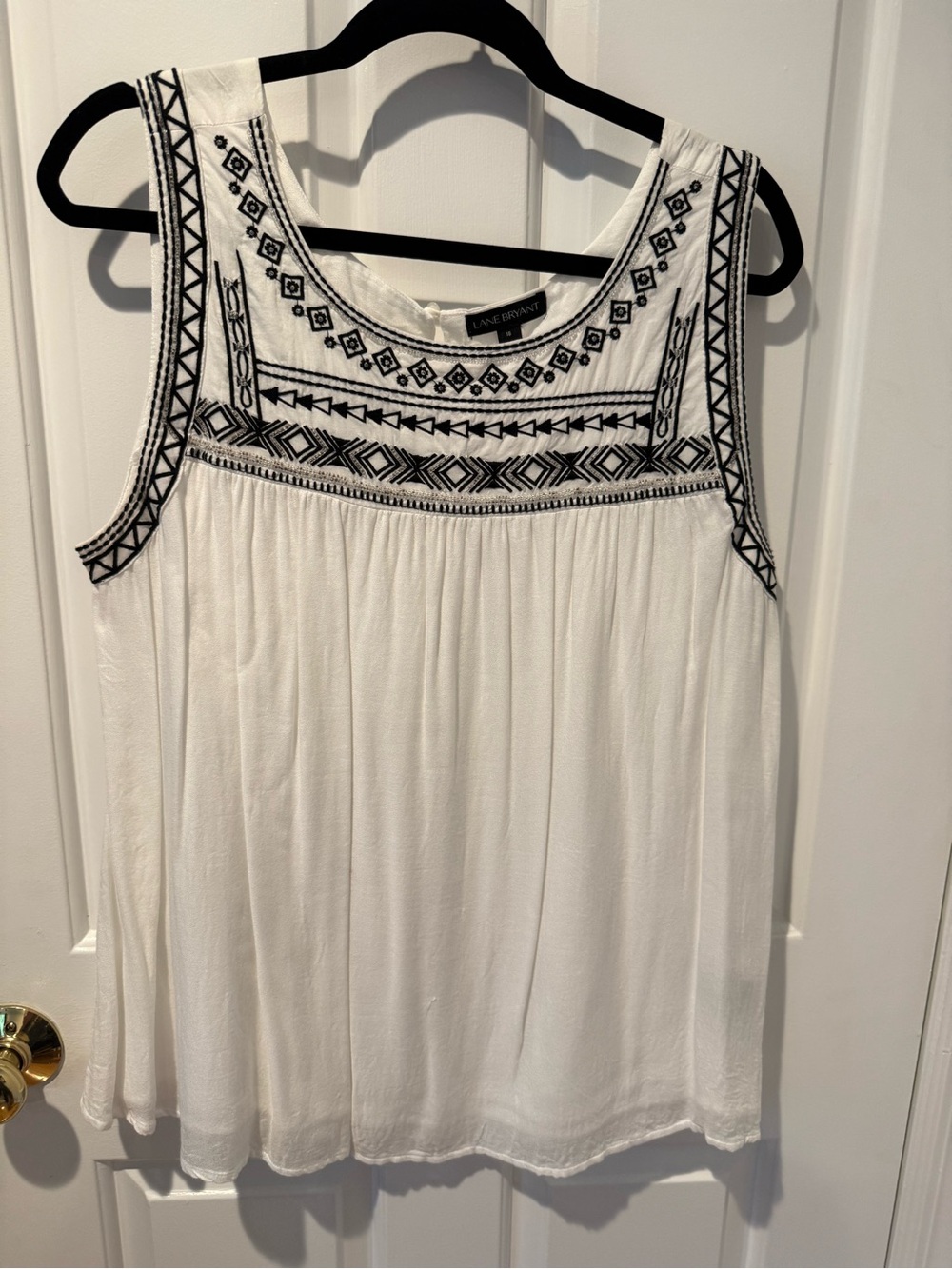 Lane Bryant White Tank with Black Geometric Embroidery
